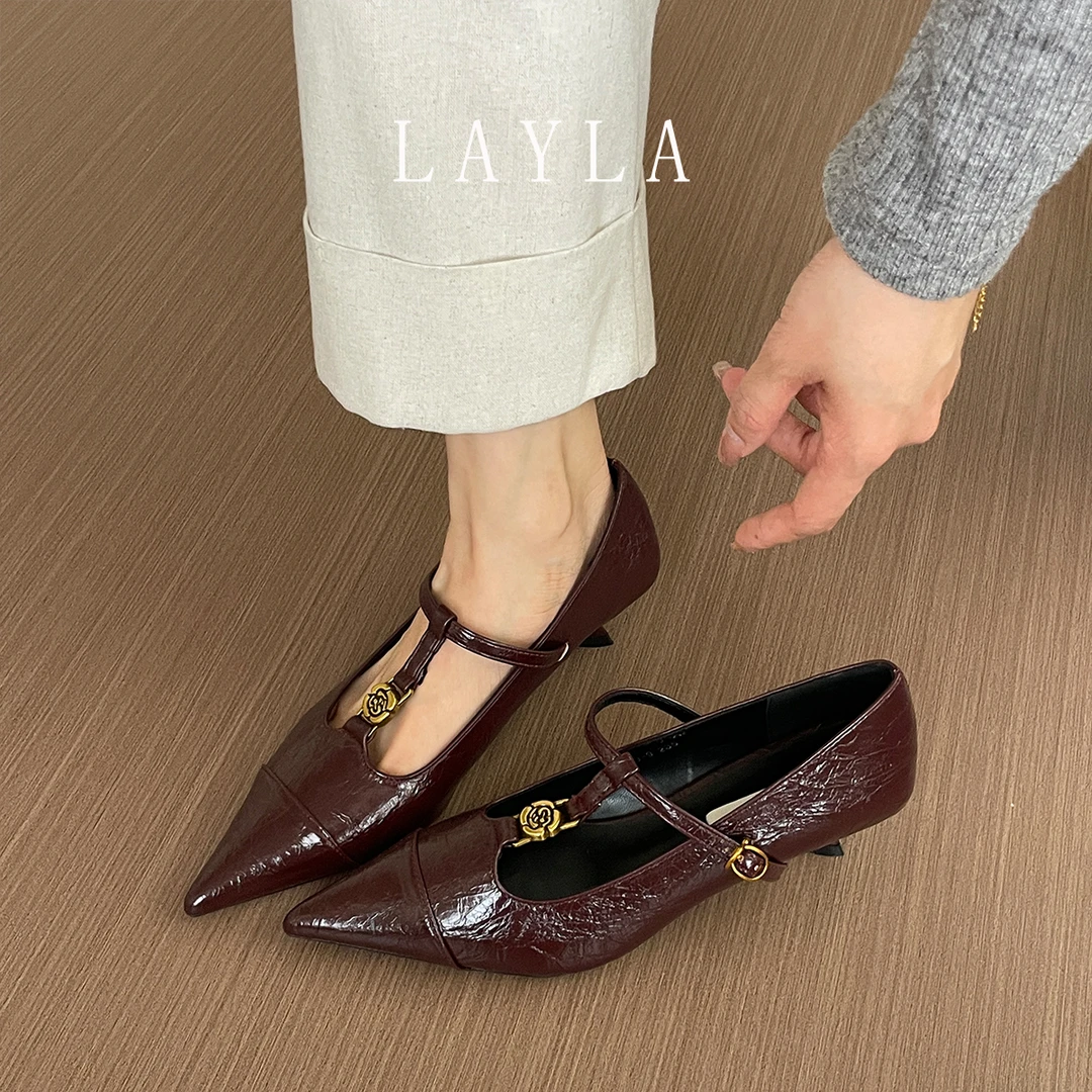 高跟尖头玛丽珍鞋春秋浅口T字扣小众配裙子气质单鞋新款2025女鞋