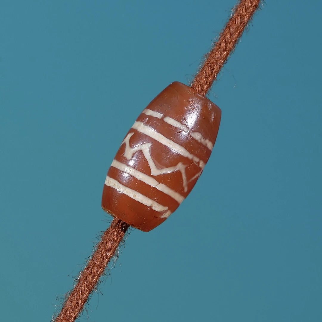 【古珠】7*12.1mm千年特殊双口线水纹红玉髓管珠西亚蚀花保真保老