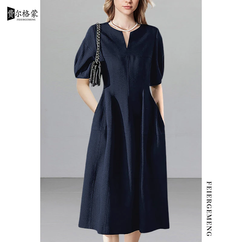 女款大码显瘦高级收腰连衣裙气质法式夏季新款遮肚子过膝裙子长裙