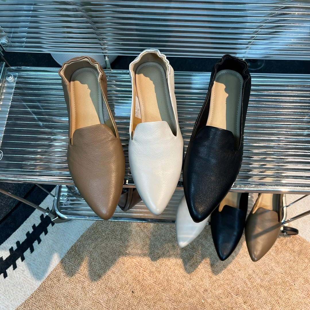 头层牛皮平底小网红女夏季新款软底尖头休闲百搭舒适小皮鞋