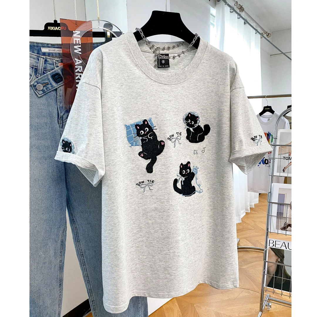 2025新款夏季卡通时尚ins刺绣短袖T恤女大码宽松半袖男女上衣