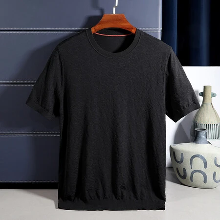 织厘四季桑蚕丝提花针织男士休闲夏季宽松潮流圆领百搭透气针织衫