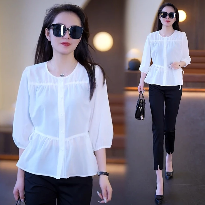 2025雪纺衬衫女士装春夏季新款时尚洋气上衣遮肚子七分泡泡袖衬衣
