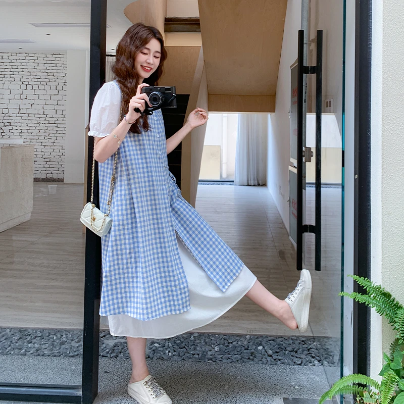 2025新款甜美风木耳边衬衫裙两件套格子无袖衬衫连衣裙套装女夏季