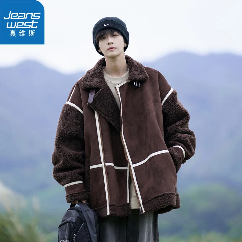 真维斯绒棉衣男冬季加肥加大码潮牌胖子宽松加绒加厚外套复古棉服