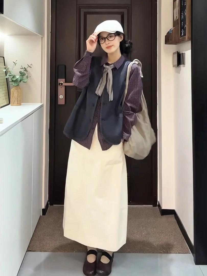 2025秋季新款韩系通勤穿搭牛仔马甲格纹衬衫上衣高腰半身裙三件套