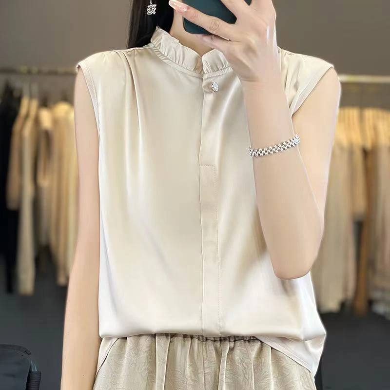 爆款衬衫法式花边无袖上衣气质职业装高领百搭洋气背心打底衫