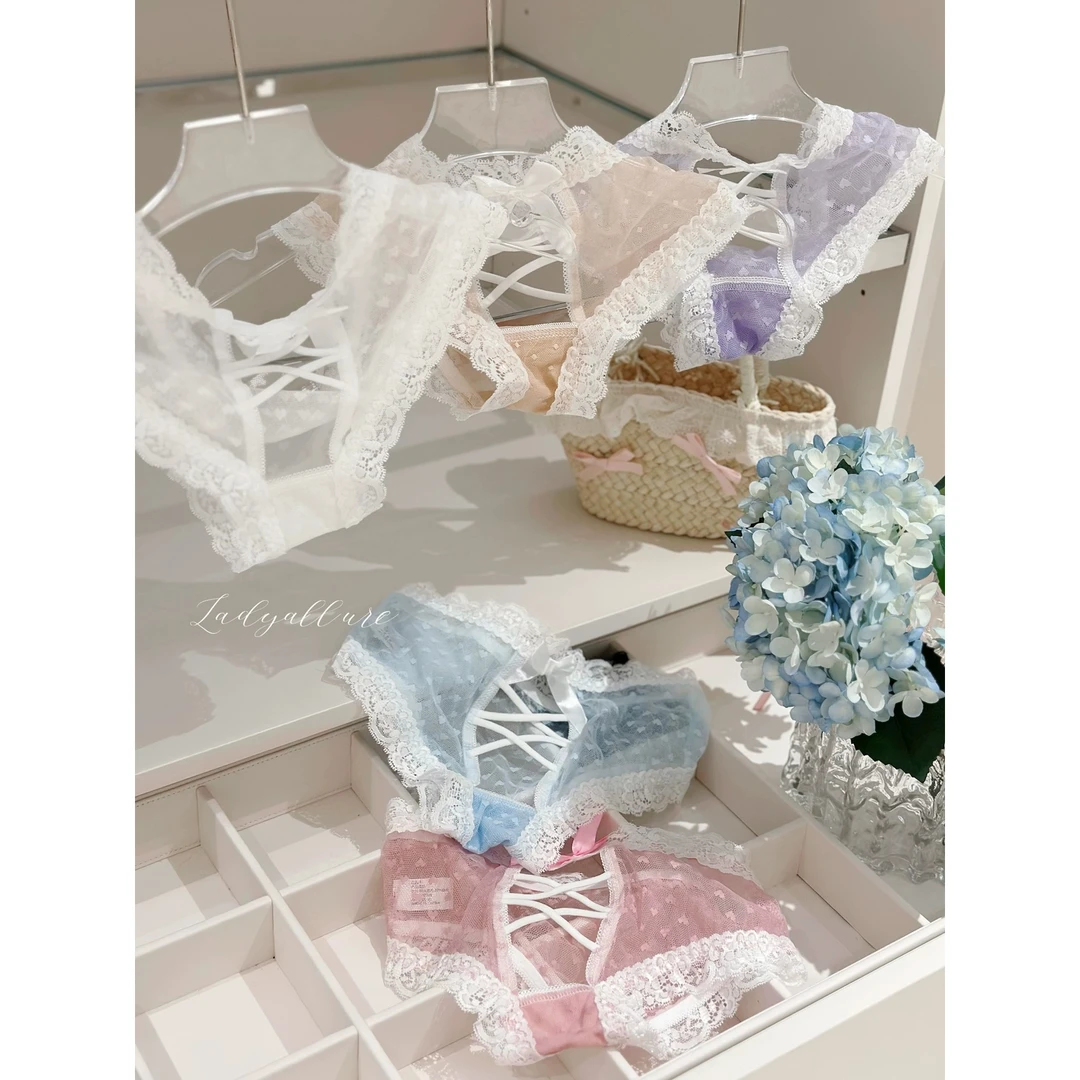 「LA」甜心失速*日系蕾丝花边镂空爱心网纱交叉蝴蝶结约会内裤女