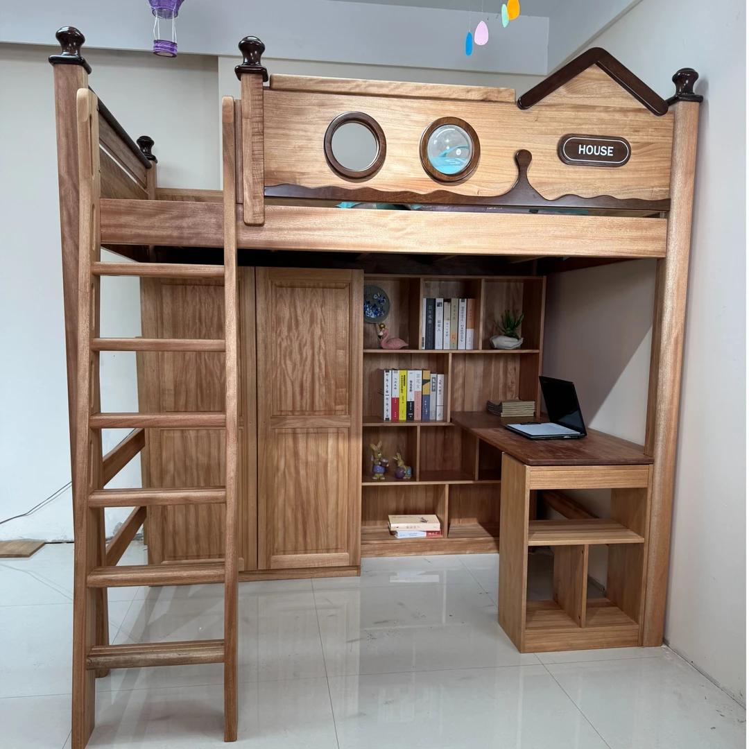 非洲红檀木上床下书桌床多功能带衣柜组合儿童高架床储物衣柜书柜