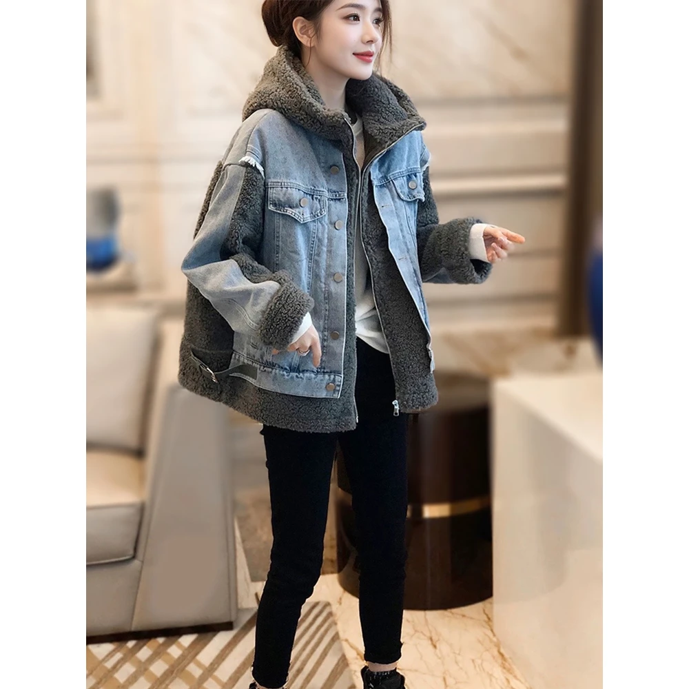 牛仔拼接仿羊羔毛加绒加厚保暖连帽外套JYFAHZ38 112733
