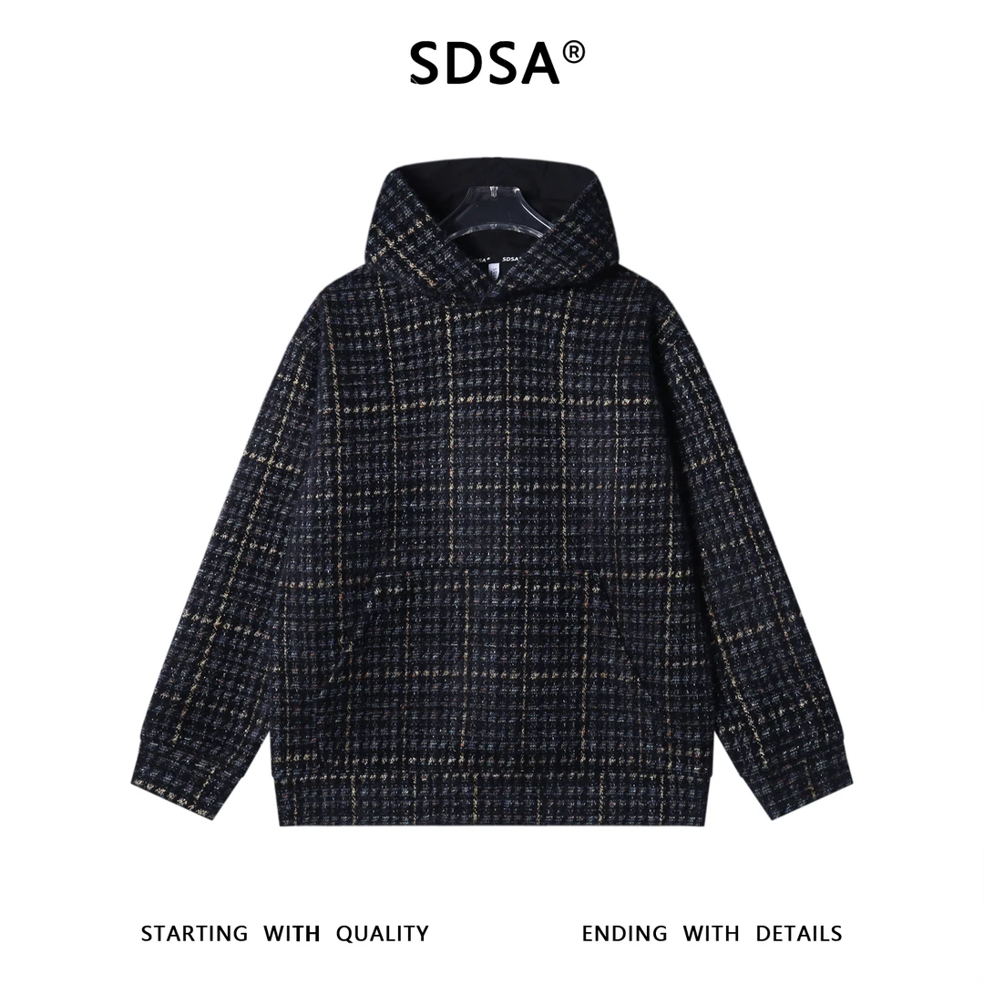 SDSA男士秋冬新款痞帅男装美式复古格纹连帽卫衣百搭宽松套头上衣