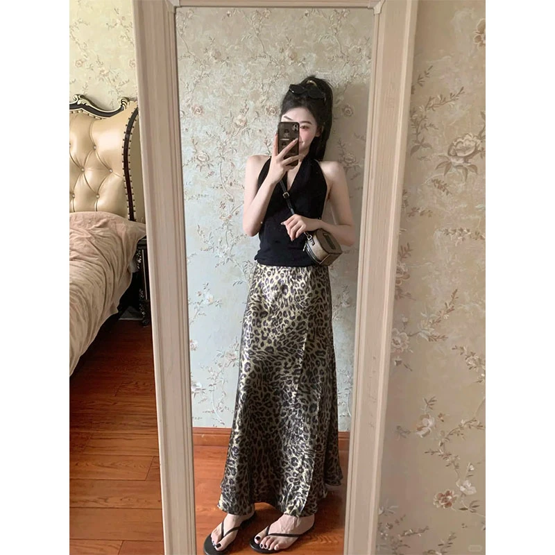 夏季御姐风修身显瘦无袖挂脖上衣气质时尚设计款豹纹收腰半身裙女