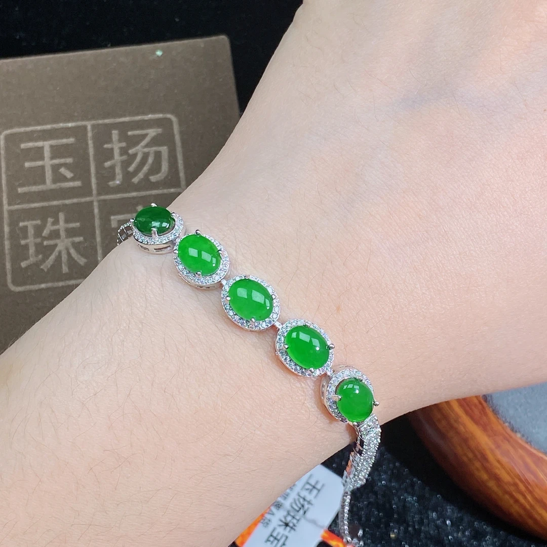 天然翡翠A货时尚百搭蛋面设计款手链通体S925银镶嵌