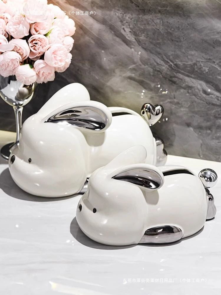 创意陶瓷萌兔子纸巾盒客厅可爱ins家用酒店民宿餐厅抽纸盒 高颜值