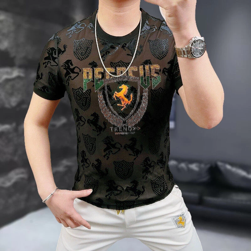 夏季新款时尚潮牌冰丝战马奥钻植绒烧花男士时尚圆领短袖T恤修身