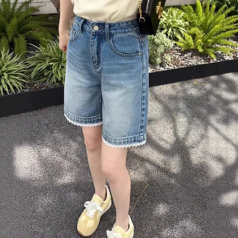 拼接蕾丝花边五分牛仔短裤女夏季大码显瘦高腰宽松遮胯阔腿裤中裤