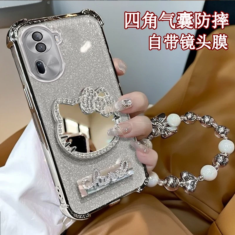 水钻KT猫补妆镜子OPPOReno11手机壳四角防摔PJH110全包reno11pro