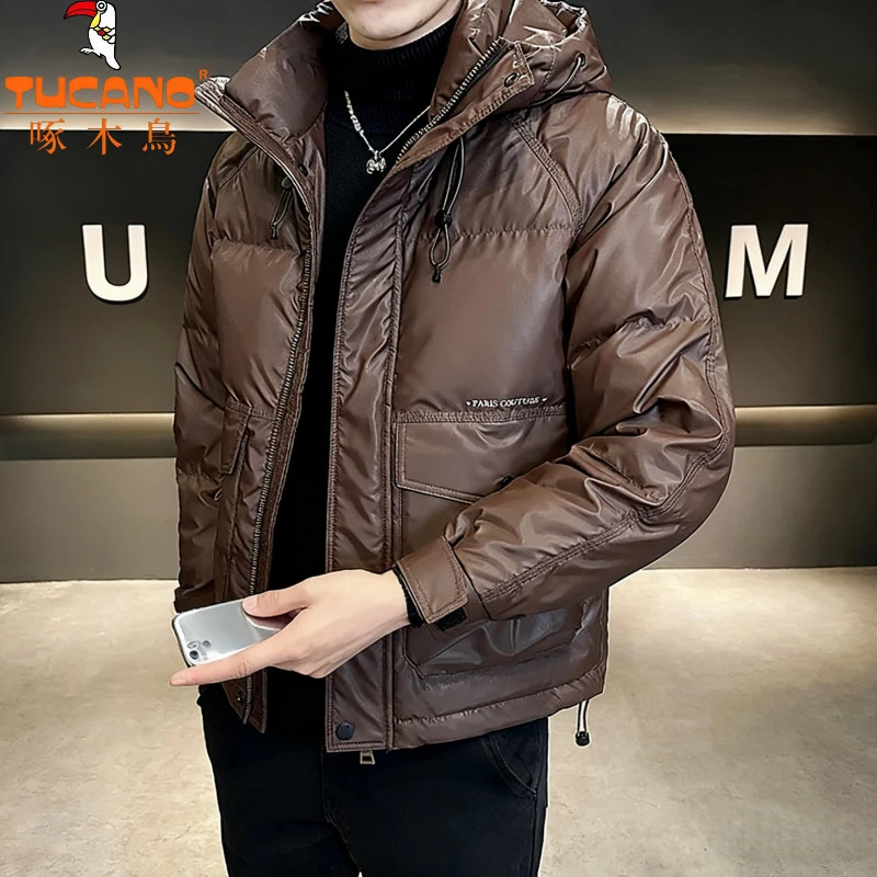 啄木鳥2025新款冬季男士连帽时尚加厚修身保暖潮流男外套羽绒棉服