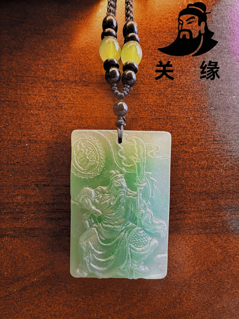 关缘妙物关公招财绿石刻关公吊坠挂坠关公立刀忠义关公挂件