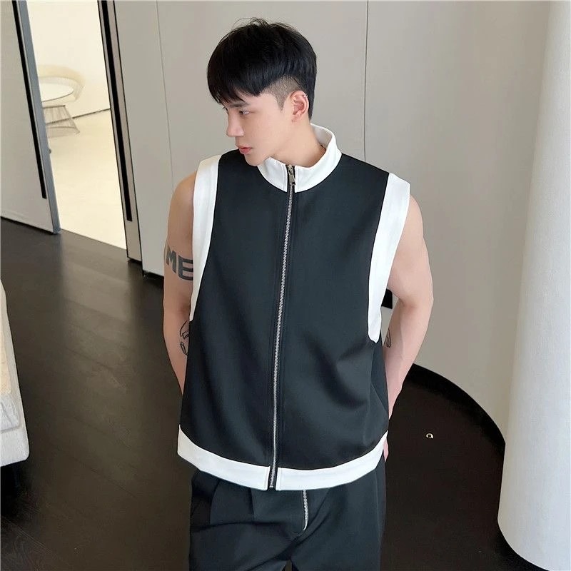 W07短款太空棉拉链马甲背心黑白拼时尚穿搭造型设计