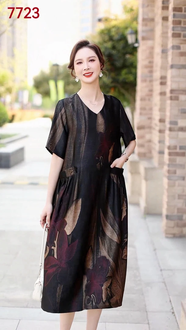 7723夏季时尚遮肉V领提花套头中式国风女士过膝显瘦裙子洋气长裙