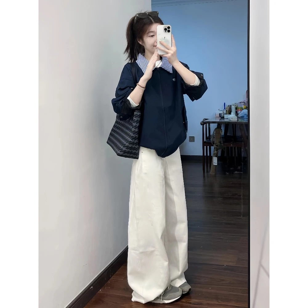 一整套ootd穿搭套装高级感设计感假两件外套上衣阔腿牛仔裤两件套