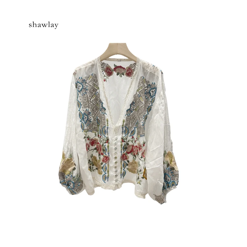 度假风 复古刺绣轻奢白色衬衫CL2152