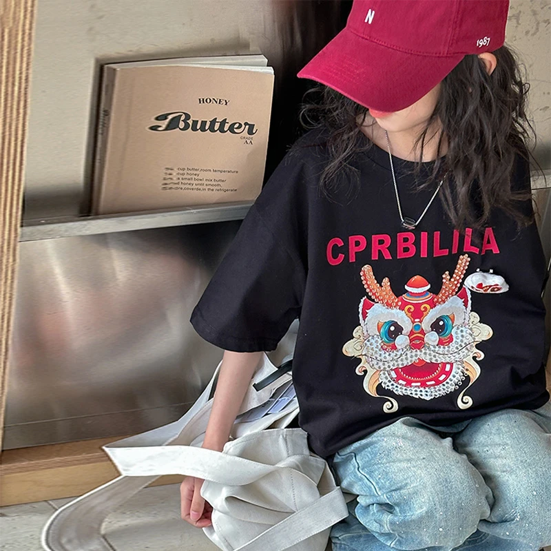 K25639中国风短袖T恤儿童春夏打底衫2025夏装新款女大童内穿白t潮