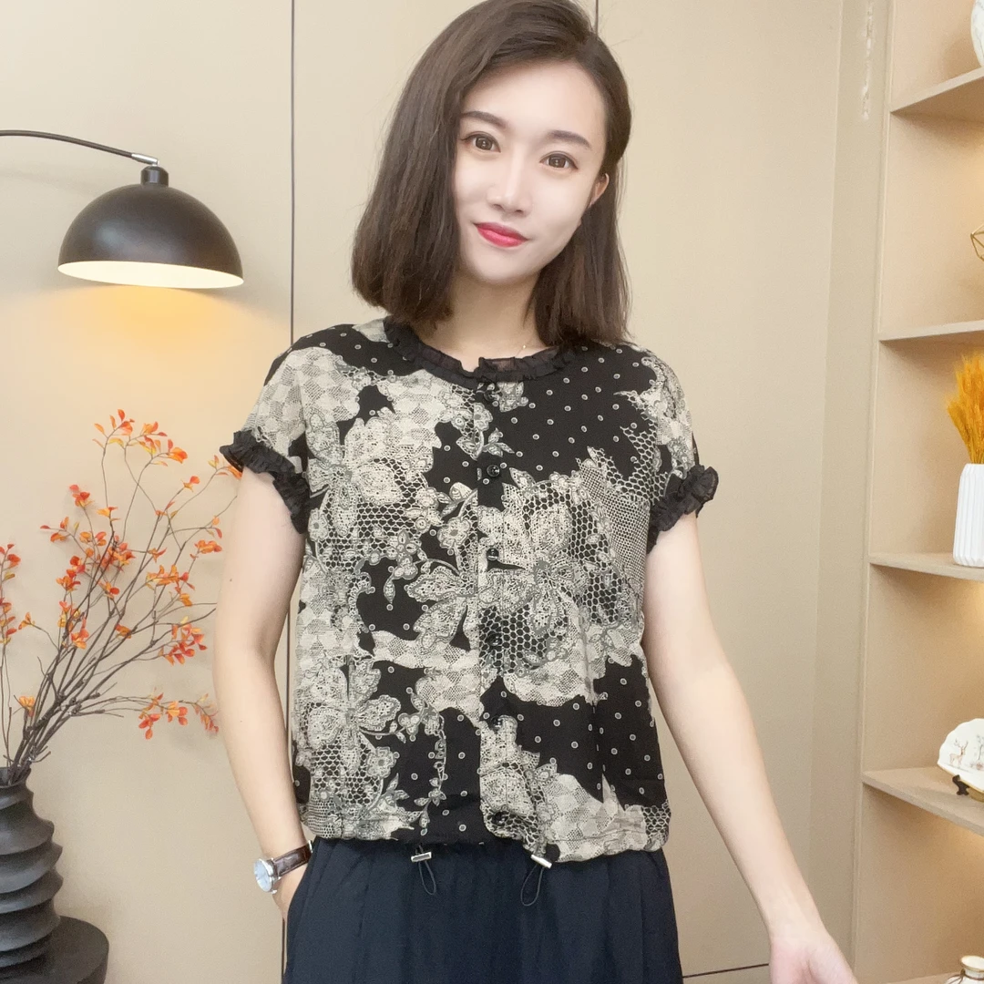 时尚女新款薄款花边袖洋气印花下摆抽绳短袖上衣-6599