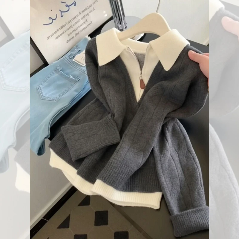 别致独特漂亮灰色polo领小衫毛衣女装秋冬洋气高贵针织衫百搭上衣