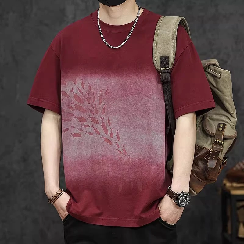 重磅290g渐变印花短袖t恤男夏季新款复古做旧大码宽松纯棉半袖潮T