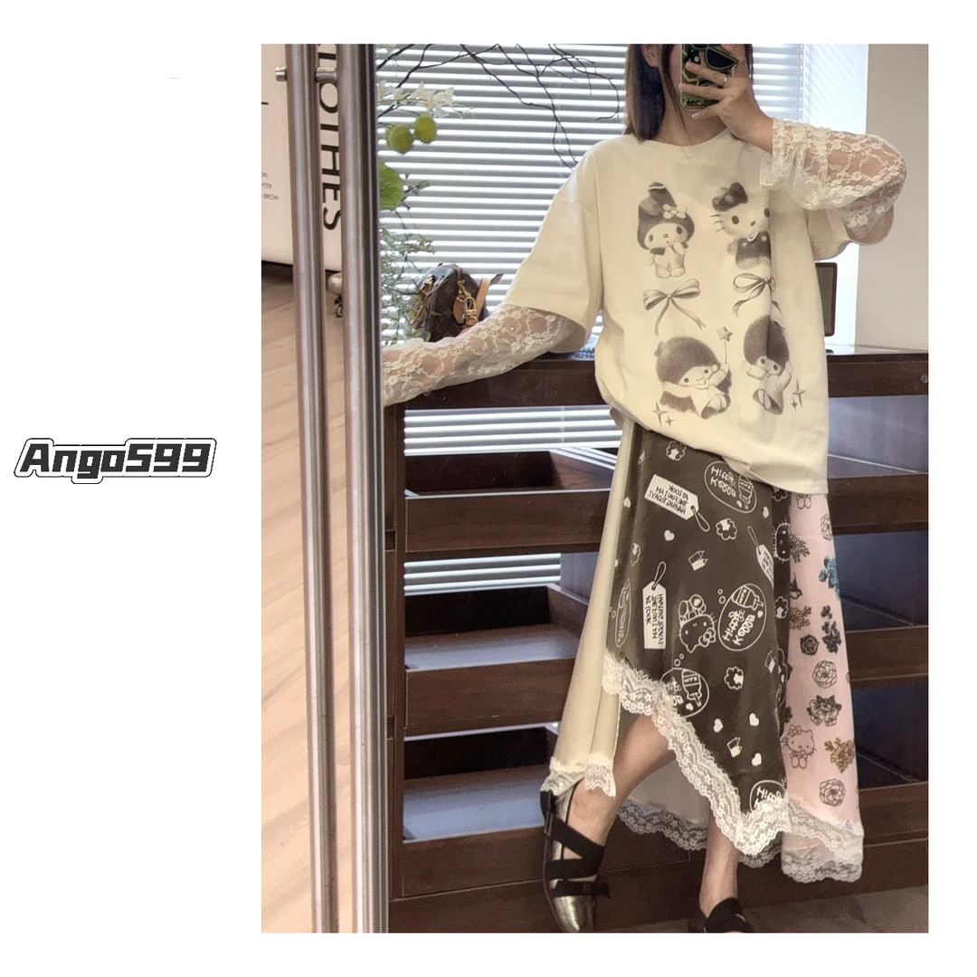 法式小猫*设计师款趣味图案印花拼接百搭T恤秋冬休闲宽松长袖