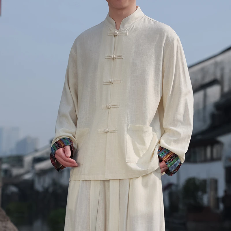 米白色衬衫男外套新中式国风藏式印花民族风大码宽松棉麻休闲茶服
