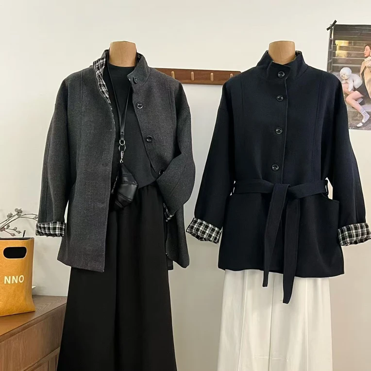 MEENI@1302 韩系高级感收腰系带格子拼接风衣外套 9-26
