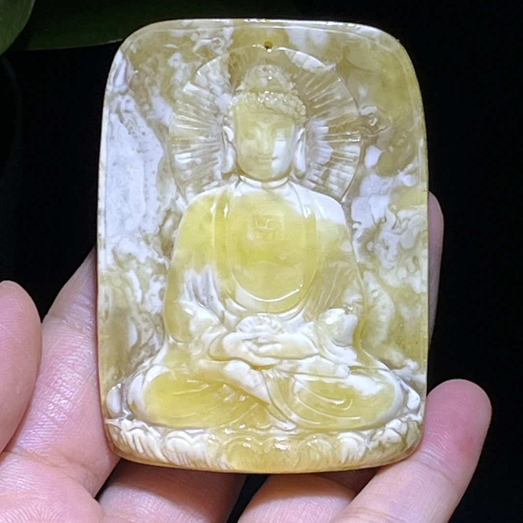 天然蜜蜡大日如来牌 一面留皮白花蜡 精工雕刻特价55克价