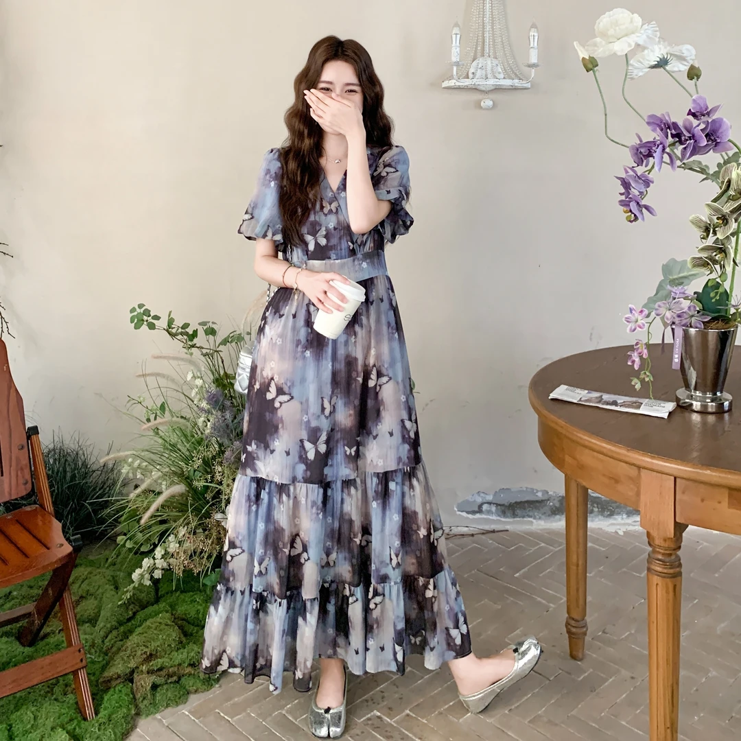 绝美超好看印花连衣裙女2025夏季新款爆款大方得体洋气温柔风裙子