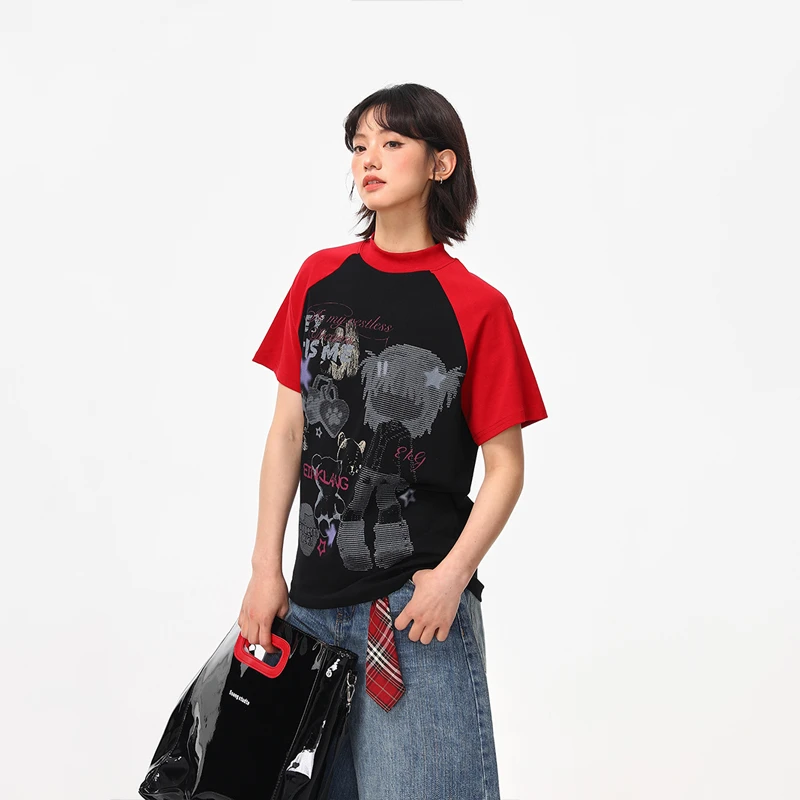 野生阿子美式复古鬼马少女印花正肩T恤女夏季潮流修身短款短袖潮