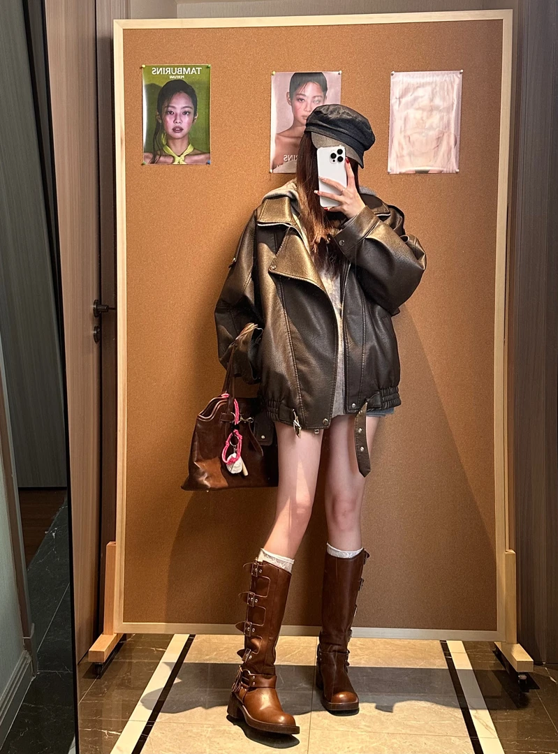 高端肌理感阔版双领机车皮衣女春秋时尚宽松显瘦8205