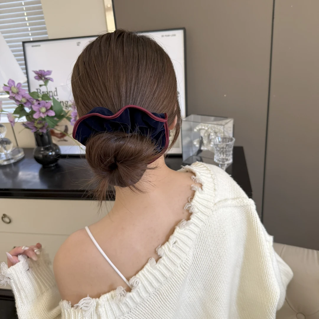 原创秋冬新款深蓝色丝绒红色包边轻奢简约百搭发圈4563