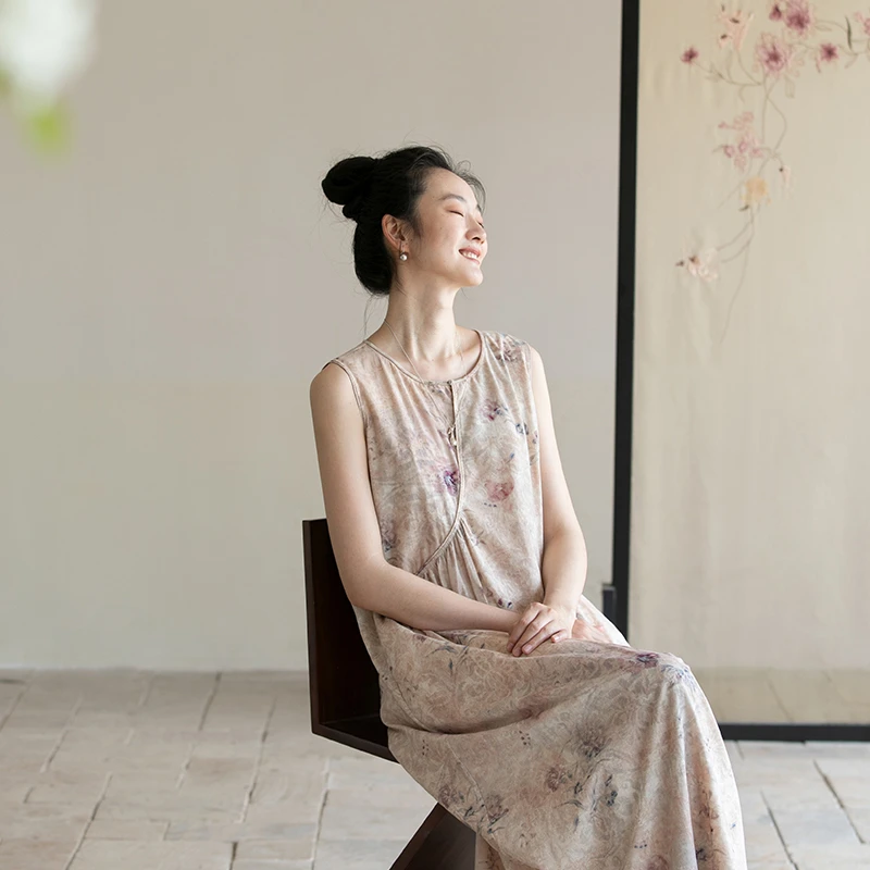 牧衣游原创 100支新疆棉印花连衣裙夏设计感文艺无袖长裙 浅浅月