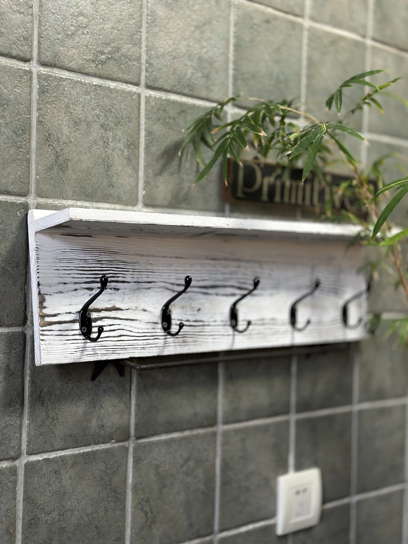美式乡村做旧复古置物架挂钩实木60×8×9cm