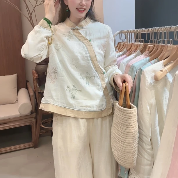 『蝶家』斜襟复古双层苎麻刺绣文艺小衫 7795