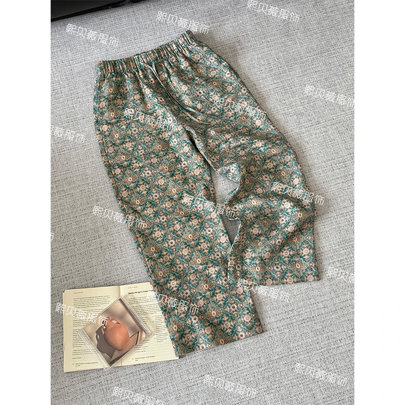 熙贝薇6 欧货100亚麻复古印花松紧腰设计款夏季休闲长裤 G7971