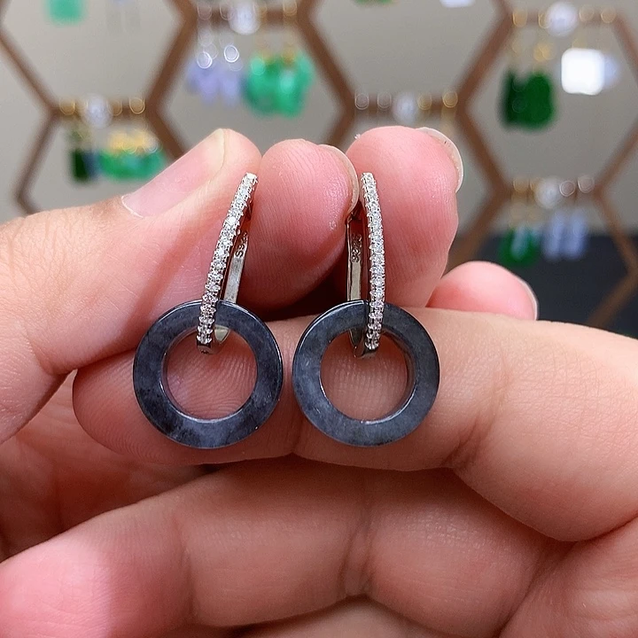 银S925镶嵌翡翠耳饰天然翡翠耳饰