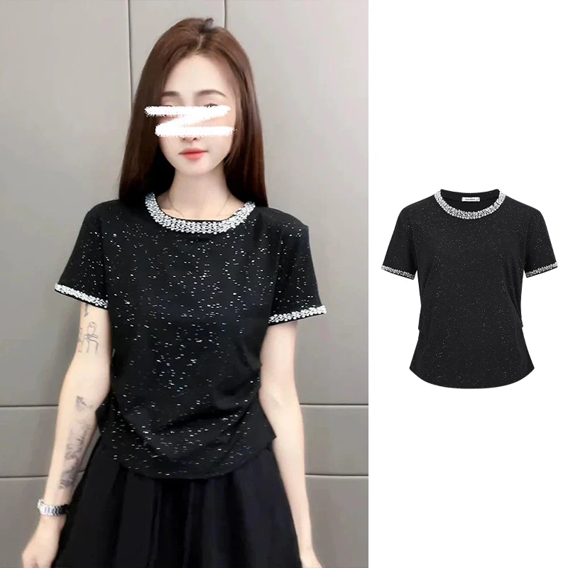 Moses Queen/魔西女王烫钻钉珠亮片法式气质时尚减龄宽松短袖T恤