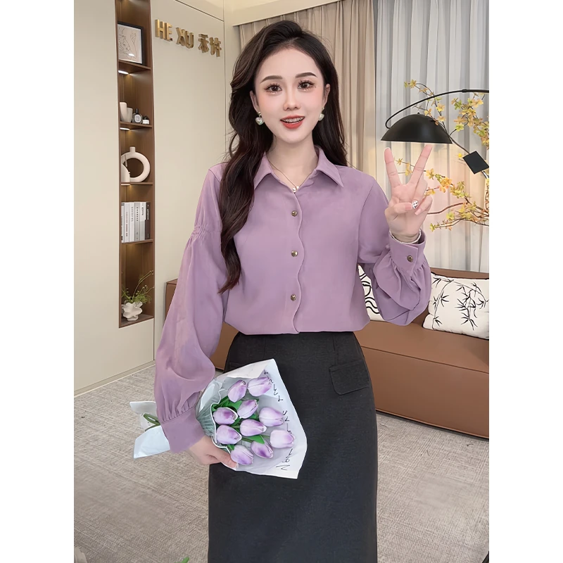 法式小香风翻领泡泡袖衬衫女2024秋冬季新款设计感小众长袖上衣