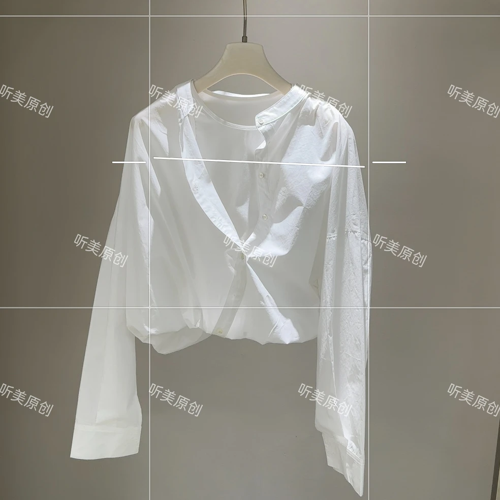 【媚儿】长袖斜扣背心假两件衬衫