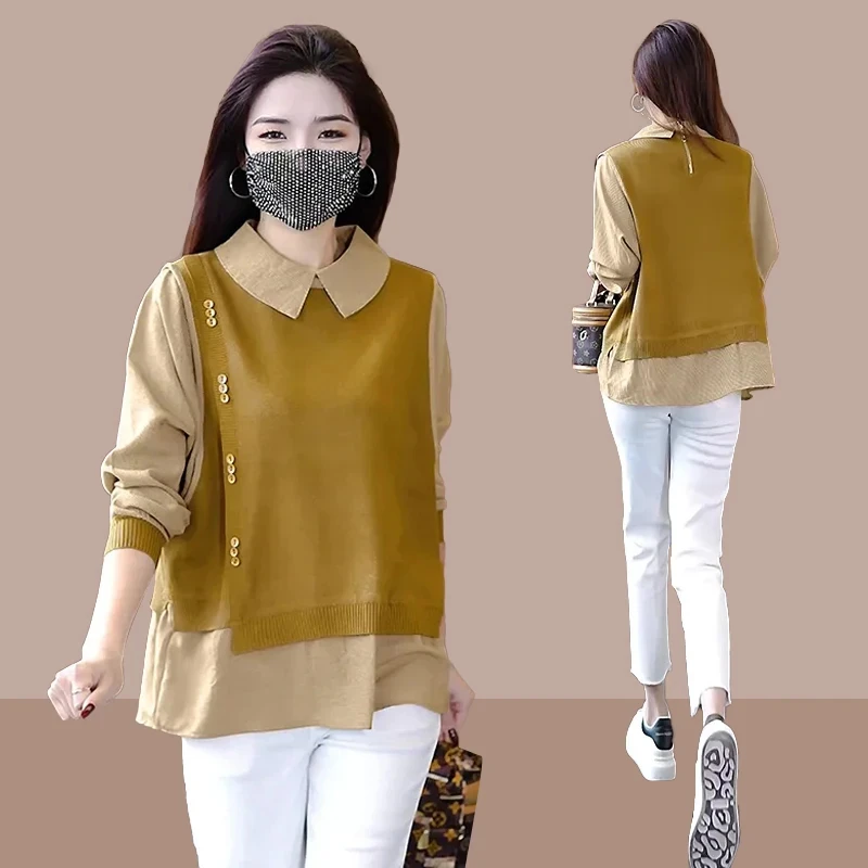 2026春秋新款假两件衬衣格子遮肚潮流漂亮小衫气质宽松休闲衬衫女