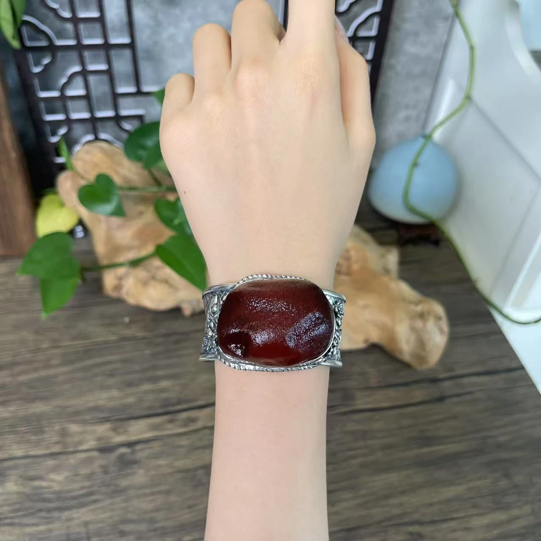 LYliuyng琥珀原石纯手工银条编织银镶蜜蜡手镯复古银镶嵌镯子