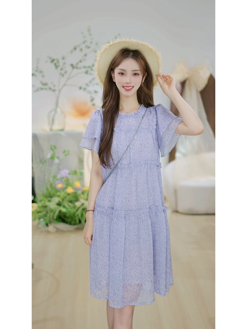 【仙紫J】法式木耳边温柔显白蛋糕裙宽松显瘦遮肉紫色仙气裙